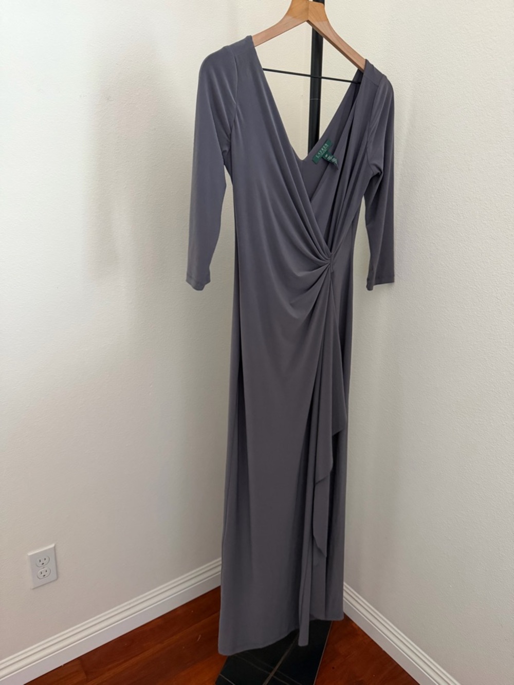Ralph Lauren Elegant Gray faux Wrap-Front Maxi Dress sz 12p - Picture 2 of 5